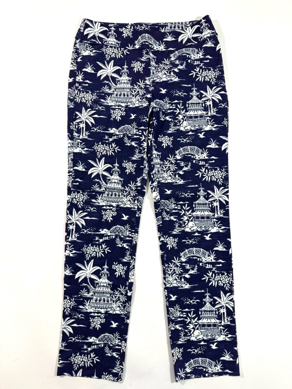 J McLaughlin Masie Pants Blue White Palm Pagoda Print - Picture 2 of 10